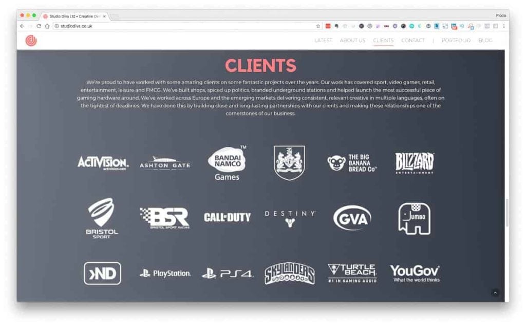 Clients page from the Studio Diva agency website: eighteen brand logos in white on a dark grey background. Exemplifying the Gestalt principle of similarity. 