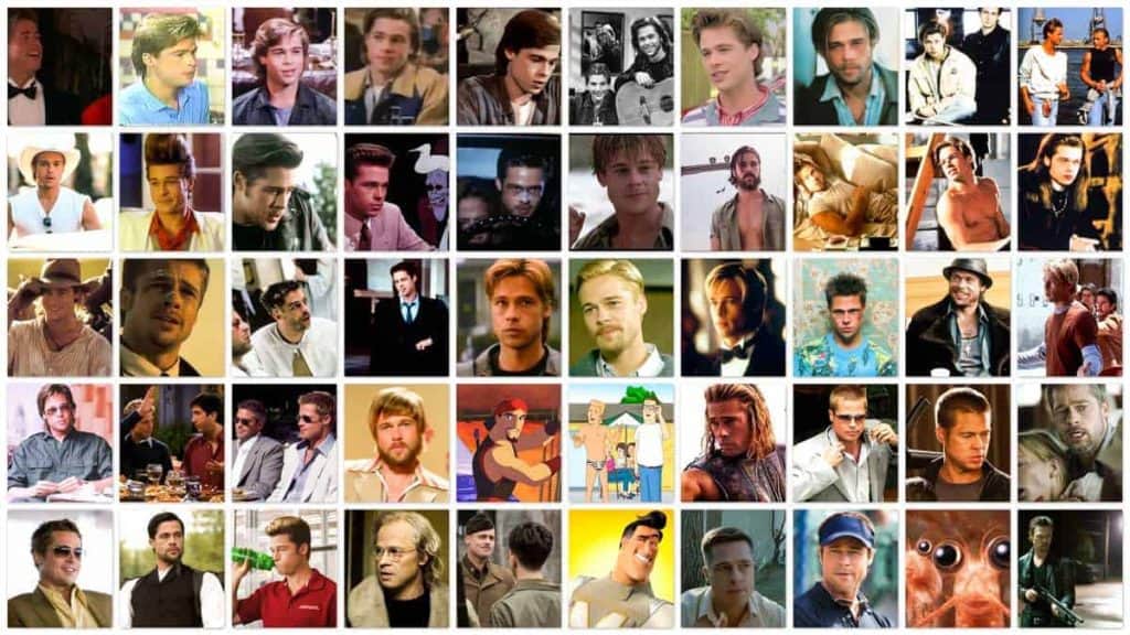 Fifty images of actor Brad Pitt in different screen acting roles or different ages and appearance in a collage style. Exemplifying the Gestalt principle of Invariance. The application of simple principles of Gestalt psychology for web design can greatly enhance the user experience and interface of the websites we design.