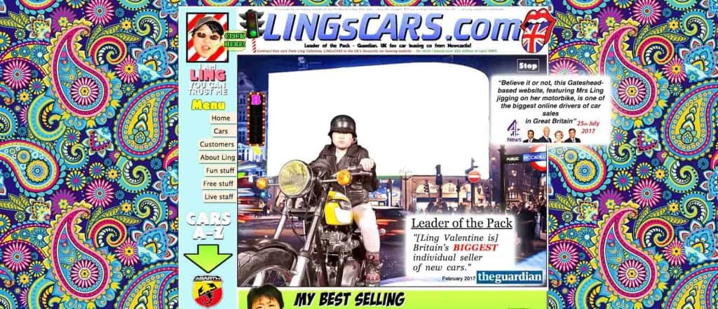 The homepage of Ling's Cars website is a crazy kaleidoscope. 