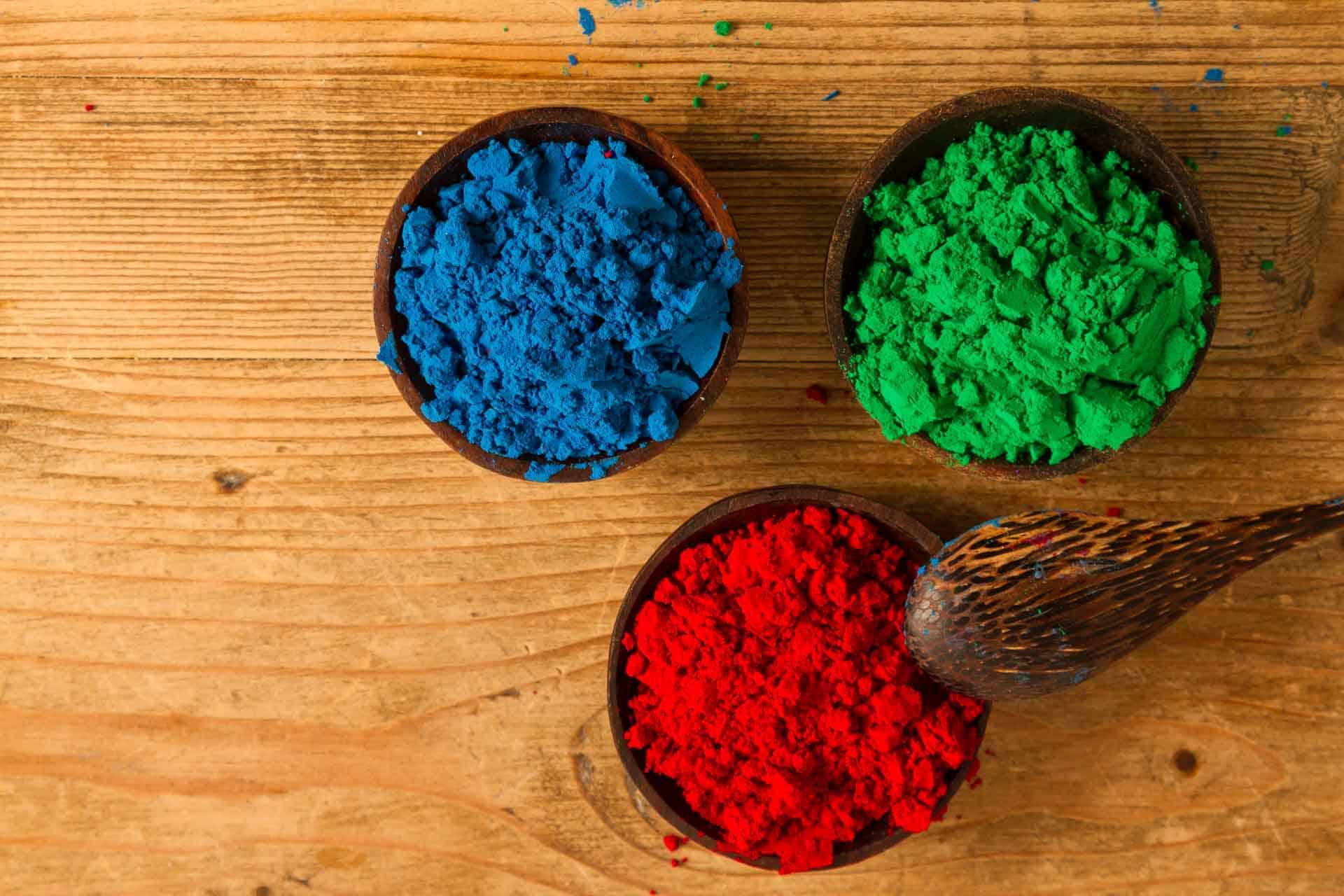 A real world rendition of the RGB subtractive colour system used in digital environments: red, green and blue powder pigments.