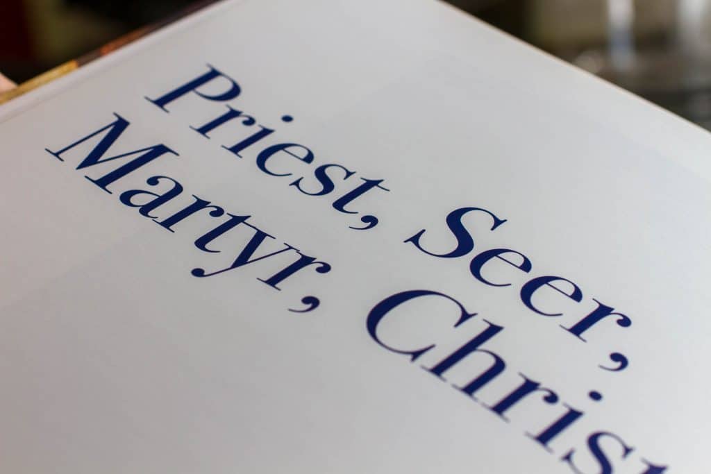 Detail of the title of the essay Priest, Seer, Martyr, from the National Gallery exhibition catalogue Rebels and Martyrs. The typeface is Didot, in bold and dark blue against white.