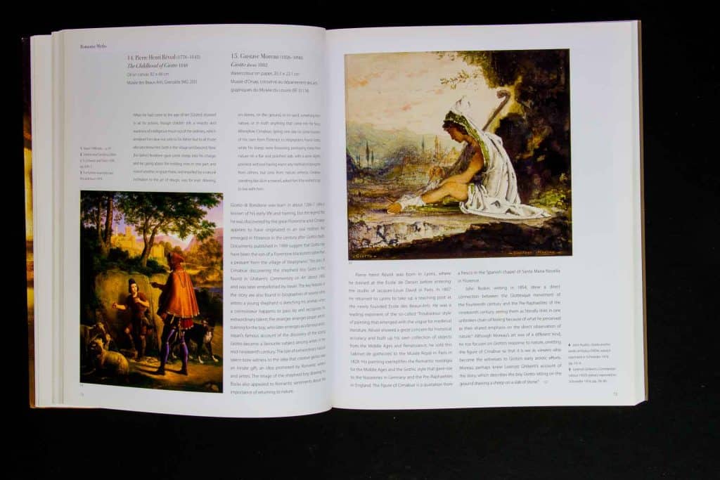 A spread with catalogue entries from the National Gallery exhibition catalogue Rebels and Martyrs. Big bold images and text on two columns, with a smaller third column for notes and captions.