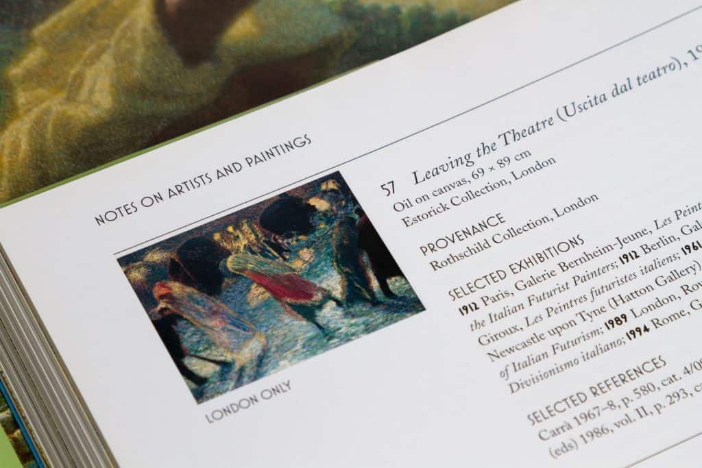 Detail on a catalogue entry (57 Leaving the Theatre) from the National Gallery exhibition catalogue Radical Light.