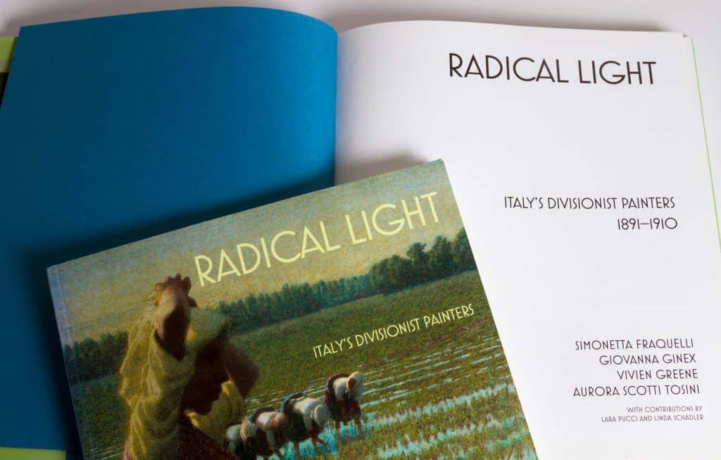Title spread of the National Gallery exhibition catalogue Radical Light, with the blue end paper on the left