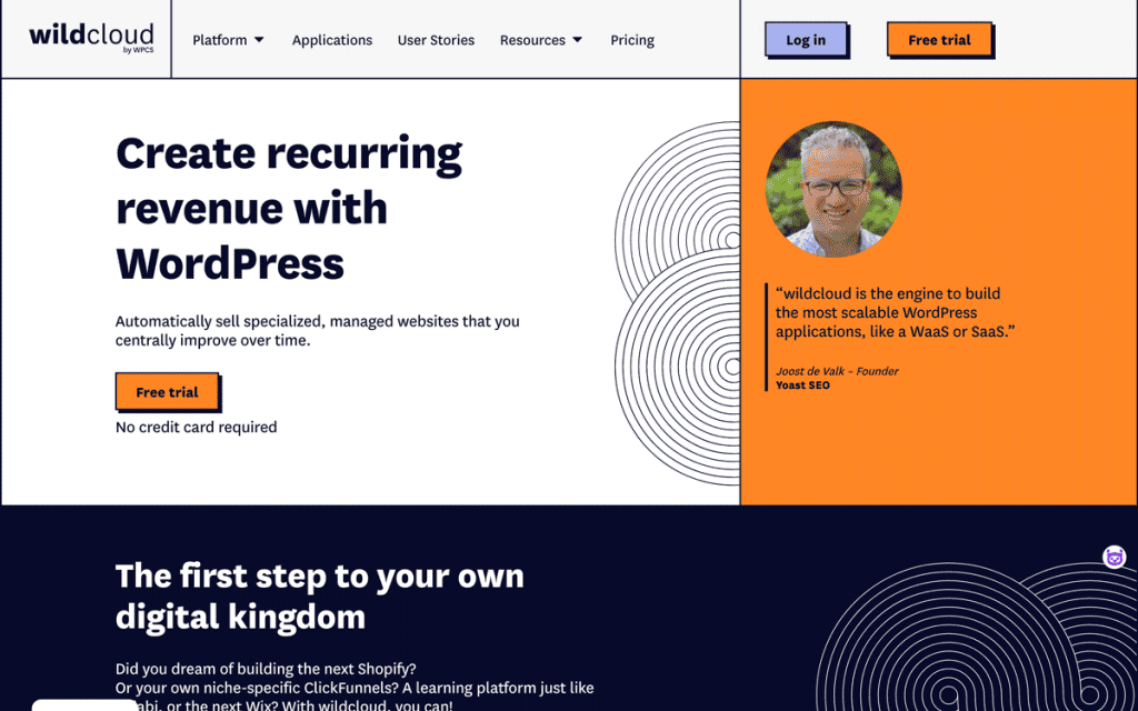 The homepage for the new wildcloud website: modules separated by keylines, using the brand colours orange and blue. The H1 says "Create recurring revenue with WordPress" in blue sans serif type against white.