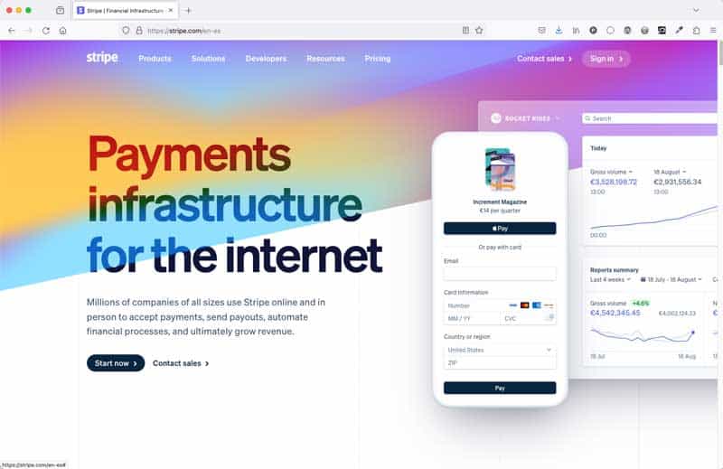 The main heading on the Stripe homepage states very clearly what the business offers: Payments infrastructure for the internet. 