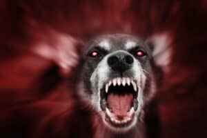 A very scary dog with fangs out and red eyes, ready to bite, jumping at you so fast that its ears are blurry.