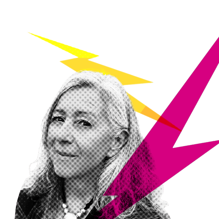 Piccia Neri with long hair and a half smile on her face. Black and white photo with half dot effect, and punk-style magenta and yellow lightning for decoration.