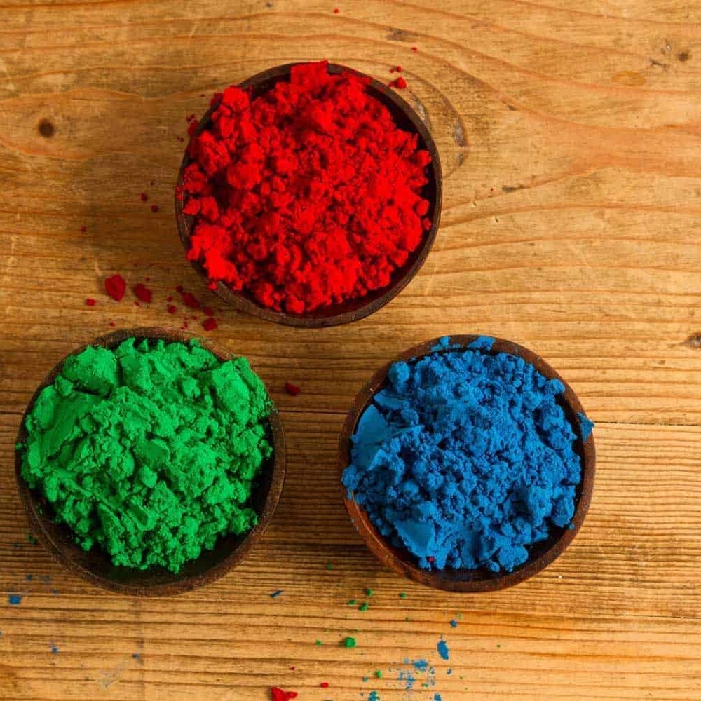Real world representation of RGB colours, with powdered Indian pigments.